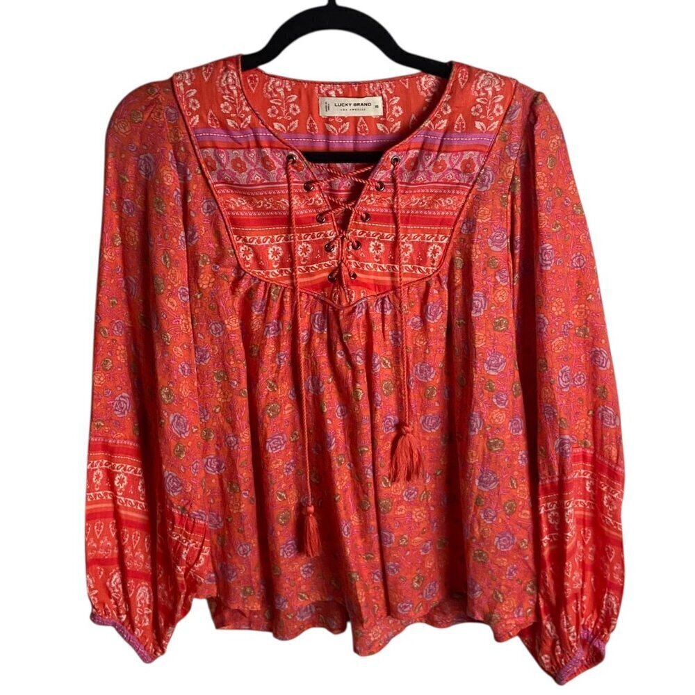 Lucky Brand Size Xs Lace Up Border Print Peasant Blouse Orange Foral Prairie - Picture 2 of 9